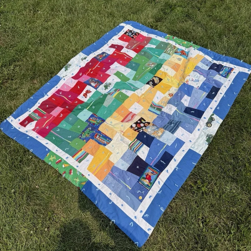 Vintage Handmade Patchwork Tied Quilt Upcycled Clothing Kids 52x63
